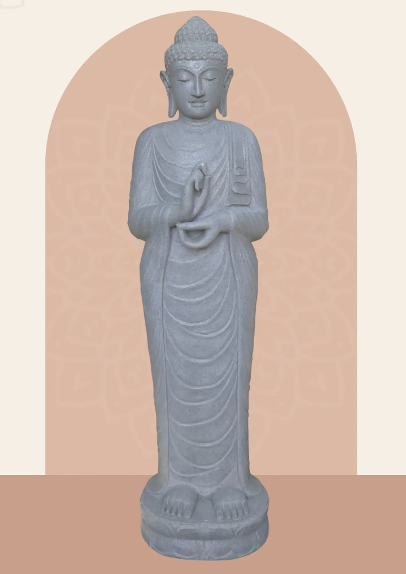  Product image 1 of the product “Standing Buddha made of Riverstone in Dharmachakra position - gesture of wheel of the teaching of Dharma. About 180cm height. ”